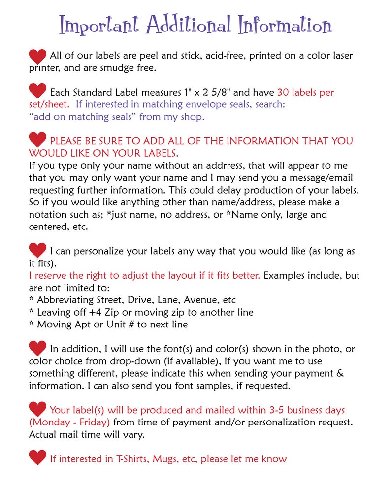 May include: Important information about personalized labels, including size, quantity, customization options, and production time. The text highlights the ability to add names, addresses, and other details to the labels. It also mentions the use of different fonts and colors.