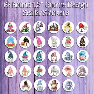 Adesivos/selos de gnomo de jardim, 63 adesivos de design de gnomo, 28 estilos, redondo de 1 pol.