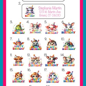 Etiquetas de dirección de remitente con temática de animales para cumpleaños, etiquetas de recuerdo de fiesta, etiquetas de miniburbujas, 30 por hoja, personalizadas