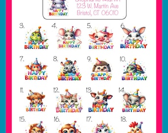 Birthday Animal Theme Return Address Labels, Party Favor Labels, Mini-Bubble Labels, 30 per sheet, Personalized