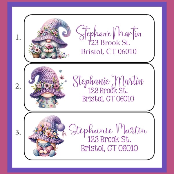 PURPLE Spring GNOMES Labels, Property of, ADDRESS Labels, Sets of 30 Personalized Labels