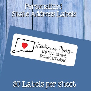 May include: A white label with a black outline of the state of Connecticut and a red heart inside. The label also includes the text "Stephanie Martin", "123 Your Street", "Bristol, CT 06010" and "30 Labels per sheet".