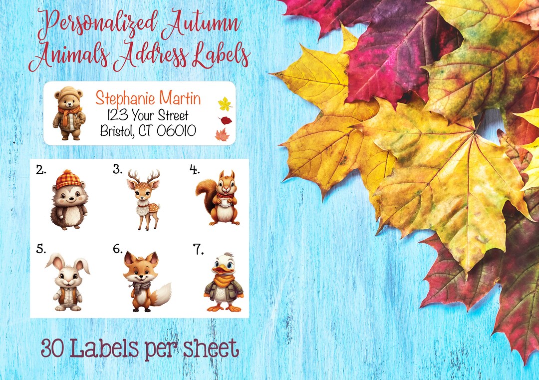 Cute AUTUMN ANIMALS Address LABELS, Sets of 30, Cozy Hats and Jackets ...
