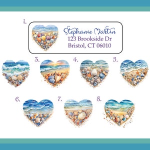 Personalized Address Labels Seashells Heart Designs, Summer, Ocean, Sets of 30 Labels