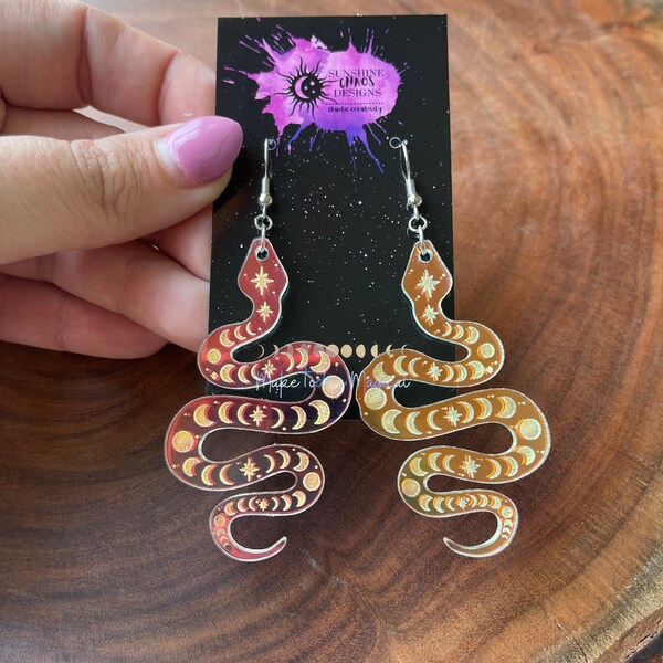 Rainbow Iridescent Laser-cut Celestial Moon Phase Halloween Gift Snake Dangle Earrings