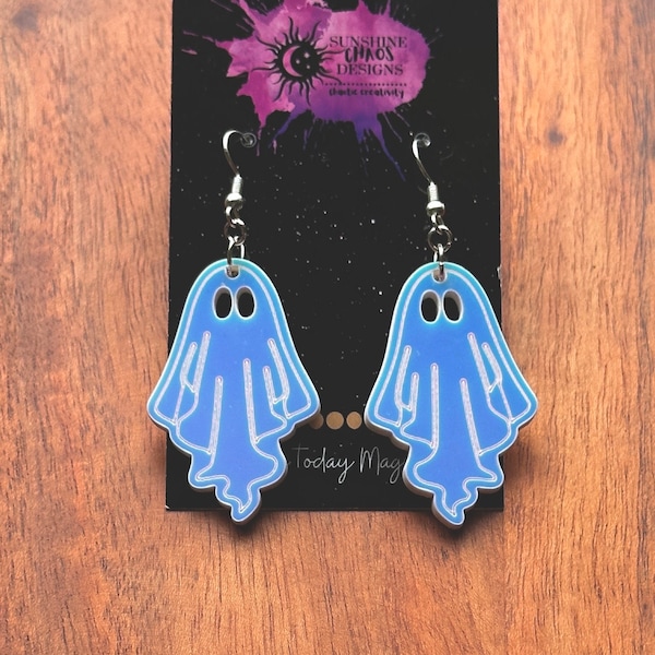 Spooky Scary Prism Irisierende Acryl Happy Ghost Halloween Statement Handgefertigte Geschenk Ohrringe