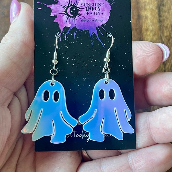 Spooky Scary Prism Iridescent Acrylic Happy Ghost Halloween statement Handcrafted Gift Earrings