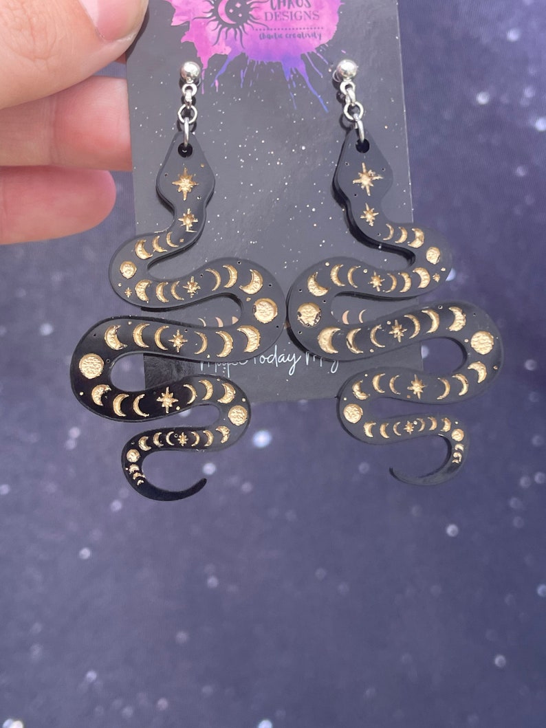 Black Acrylic Celestial Snake Earrings with Gold engravings 