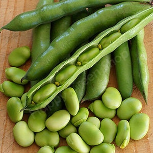 May include: A close-up of fresh, green broad beans, both in pods and out of pods. The beans are arranged on a wooden surface.