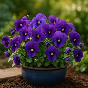 May include: A pot of deep purple pansies with yellow centres. The flowers are in full bloom, filling a dark blue ceramic pot. The background is a soft green, suggesting a garden setting.