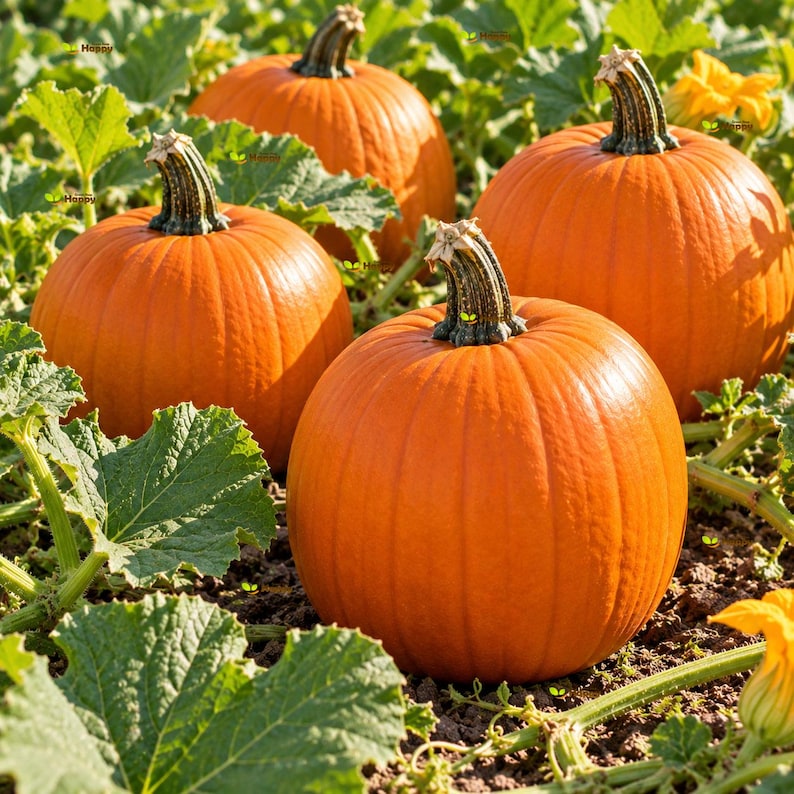 Puede incluir: Cuatro calabazas redondas de color naranja vibrante con tallos texturizados de color verde oscuro que crecen en un huerto. Las calabazas presentan c&aacute;scaras lisas y acanaladas, rodeadas de grandes hojas verdes dentadas sobre tierra oscura.