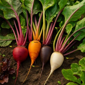 Puede incluir: Primer plano de cuatro remolachas de colores vibrantes. Las remolachas varían en color desde el rojo intenso hasta el naranja, el morado oscuro y el blanco. Cada remolacha tiene hojas verdes con tallos rojos. Las remolachas están dispuestas sobre tierra oscura.