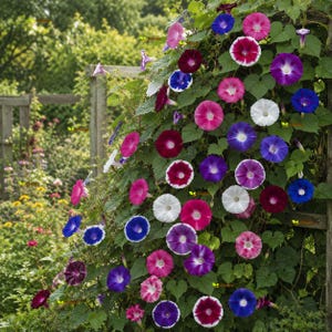 Può includere: Una pianta rampicante coperta da numerosi fiori di gloria del mattino in tonalità viola intenso, magenta, rosa brillante e bianco. I fiori a forma di tromba sono intervallati da foglie verdi a forma di cuore, creando un denso spettacolo floreale.