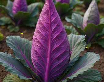 May include: A close-up of a vibrant purple cabbage plant with large, textured leaves. The cabbage is surrounded by other cabbages in a garden setting. The image includes the text "Green Shop Happy".