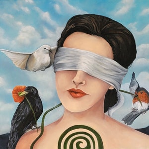 May include: A painting of a woman with a blindfold on, a white dove flying above her, a black bird with a red flower in its beak, and a robin with a green stem in its beak. The woman has a green spiral on her chest.
