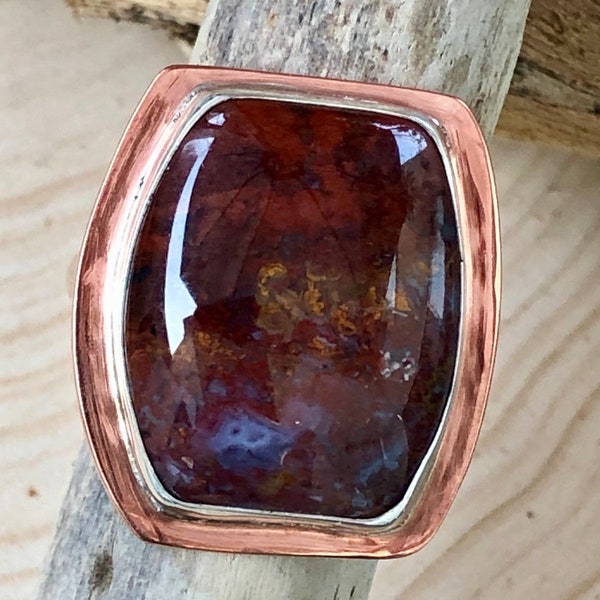 Sz5.75 Red Moss Agate in Silver and Copper Ring / Natural Stone Ring / Silver and Copper Setting / Red Stone Ring / Power Ring