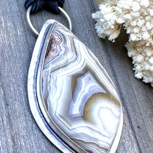 23-128 / Laguna Lace Agate and Silver Necklace / Natural Stone and Silver Pendant / Eye-Catching Shapes Pendant / Levels and Layers Necklace
