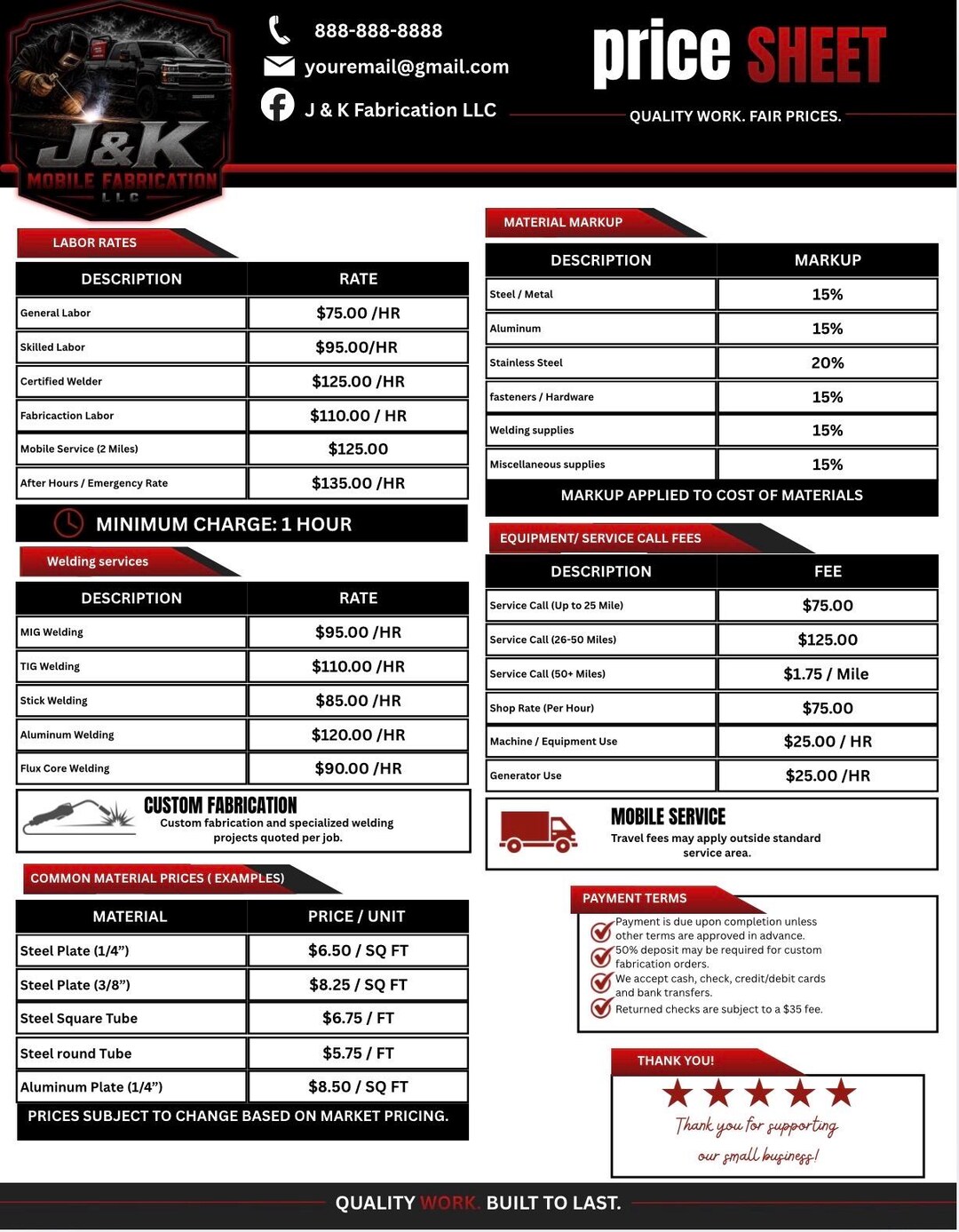Template For Contractor Rates Editable Contractor Price Sheet Template | Welding & Fabrication Rate ...