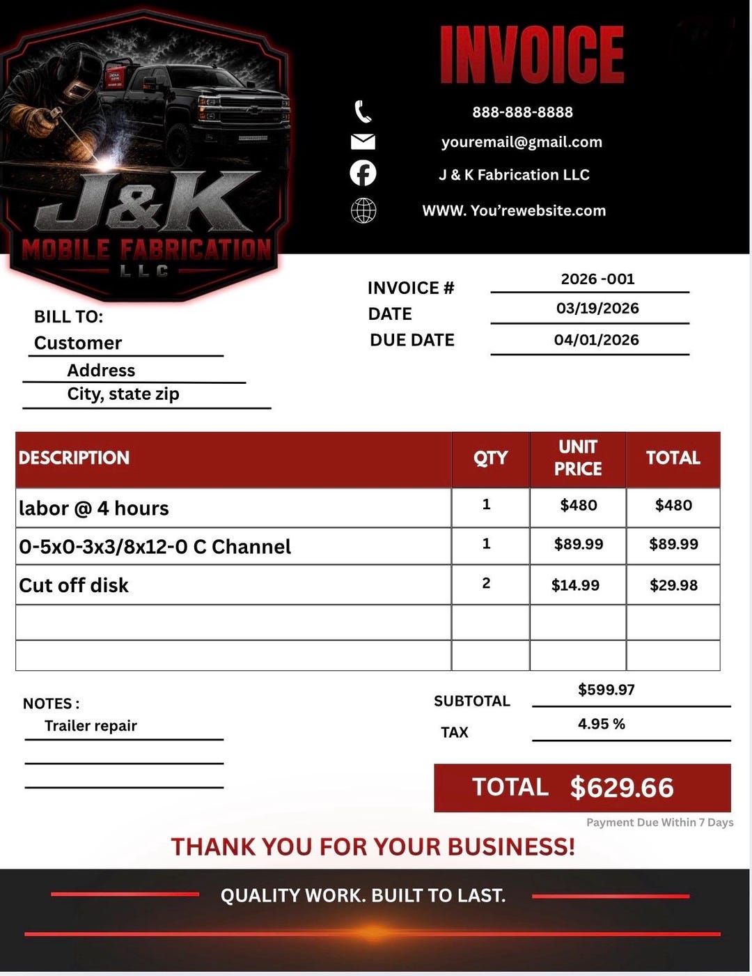 Metal Cladding Invoices Editable Contractor Invoice Template | Welding Fabrication Mobile ...
