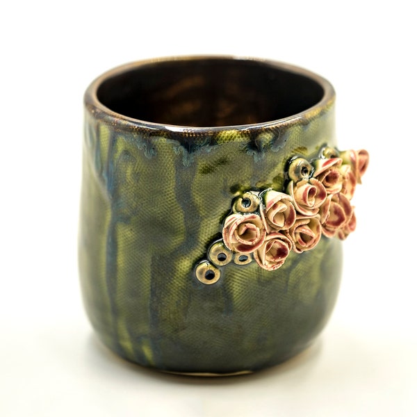 Handmade, wheel thrown, unique pottery mug, handmade ceramic roses - food safe functional ceramic cup