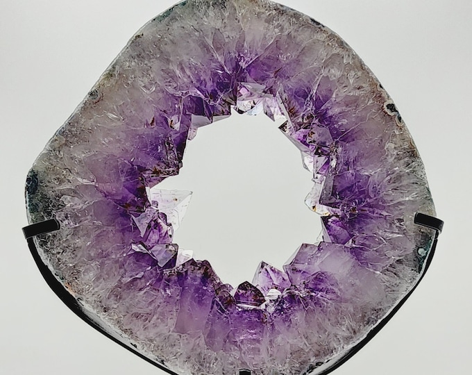 Amethyst Portal Slab with Metal Stand: Crystal Geode Decor