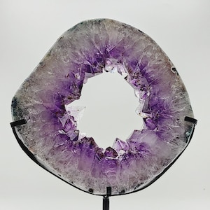 Amethyst Portal Slab with Metal Stand: Crystal Geode Decor