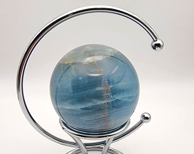 Blue Onyx Sphere with Crescent Moon Stand: Calming Crystal Decor