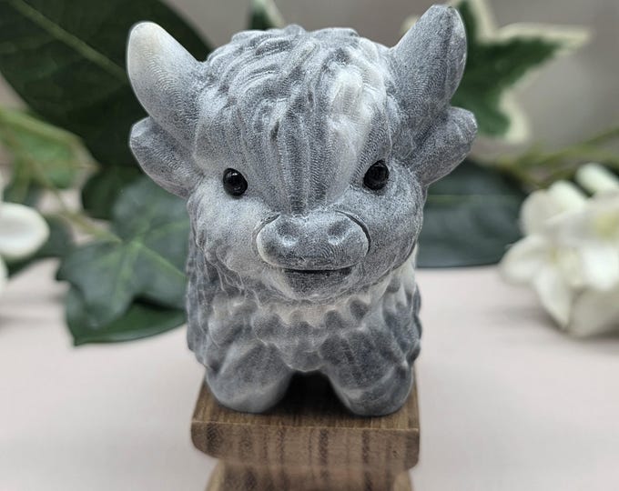 Hand Carved Picasso Jasper Highland Cow Figurine with Wood Stand