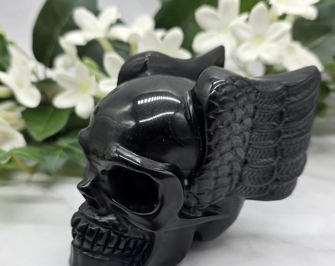 Black Obsidian Winged Skull Carving • Polished Crystal Skull with Angel Wings • Gothic Decor • Protection Stone • Crystal Collector Gift