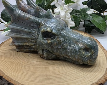 Ocean Jasper Dragon Skull, Hand Carved Crystal Skull, 1 lb 7 oz Crystal Dragon Carving, Strength, Protection, Tranquility, Ocean Jasper