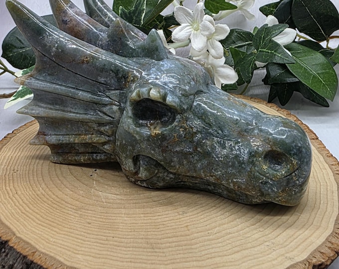 Ocean Jasper Dragon Skull, Hand Carved Crystal Skull, 1 lb 7 oz Crystal Dragon Carving, Strength, Protection, Tranquility, Ocean Jasper