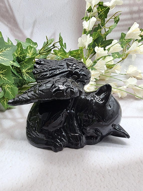 Black Obsidian Winged Angel Cat, Gemstone Memorial Angel Cat Statue, Pet Loss Fiqure Gift, Pet Remembrance Carving, Natural Crystal Energy