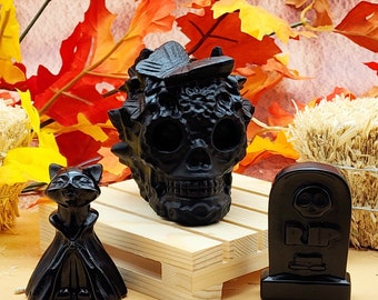 Black Obsidian Set: Butterfly Skull, Witch Cat, Tombstone - Gothic Halloween Decor