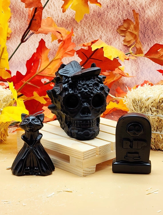 Mystical Black Obsidian Set: Butterfly Skull (Unpolished), Witch Cat, and Tombstone, Halloween Decoration, Crystal Decor, Gothic, Witchy