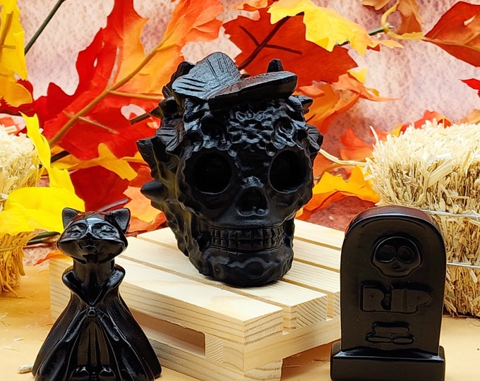 Black Obsidian Set: Butterfly Skull, Witch Cat, Tombstone - Gothic Halloween Decor