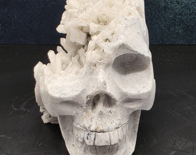 Hand-Carved Clear Quartz Cluster Skull Sculpture | Natural Crystal Crown Statement Piece