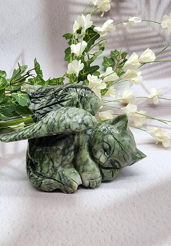 Xiuyan Jade Winged Angel Cat, Gemstone Memorial Angel Cat Statue, Pet Loss Fiqure Gift, Pet Remembrance Carving, Natural Crystal Energy