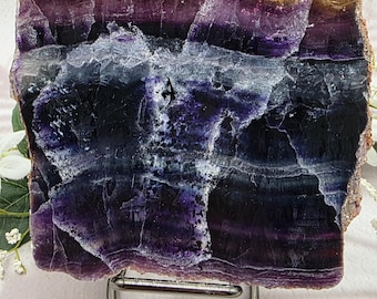 UV Reactive Rainbow Fluorite Slab with Stand, Banded Fluorite Display, Purple Fluorite, Collector Crystal, UV Mineral Specimen
