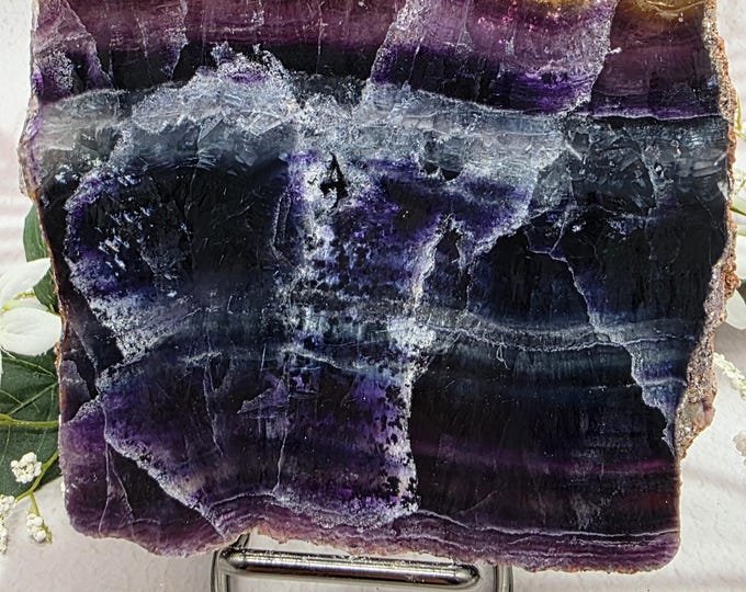 UV Reactive Rainbow Fluorite Slab with Stand, Banded Fluorite Display, Purple Fluorite, Collector Crystal, UV Mineral Specimen