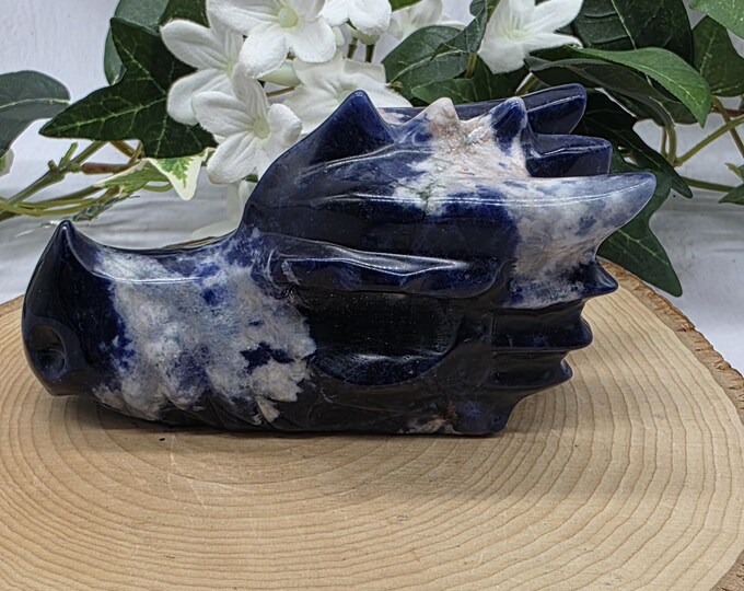 Sodalite Dragon Skull Hand-Carved Crystal Skull | Stone of Logic And Truth | Metaphysical Decor & Collector’s Piece