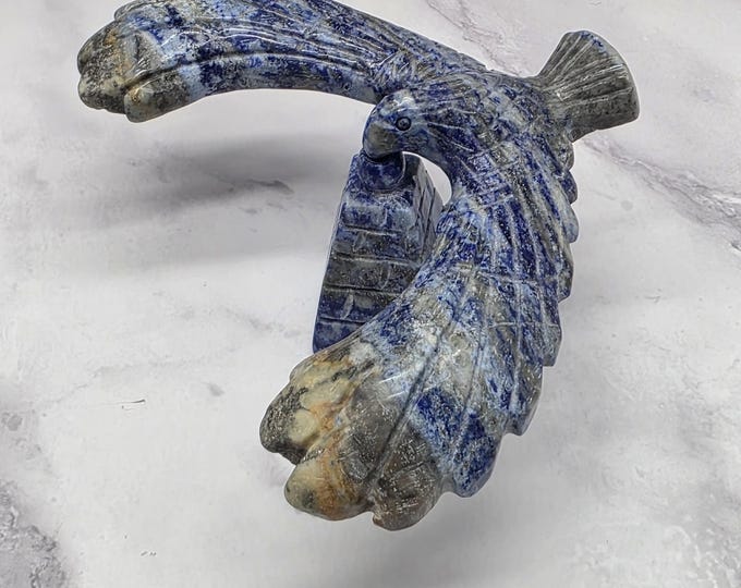 Hand Carved Sodalite Bird Spinner, Flying Eagle Sculpture, Balanced Gemstone Decor