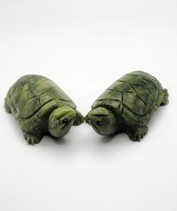 Duo of Hand-Carved Green Natural Jade Turtle Figures: Artful Animal Charms for Home Decor