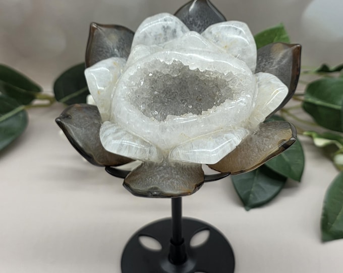 Hand Carved Druzy Agate Lotus Flower, Natural Crystal Meditation Decor (with Stand)
