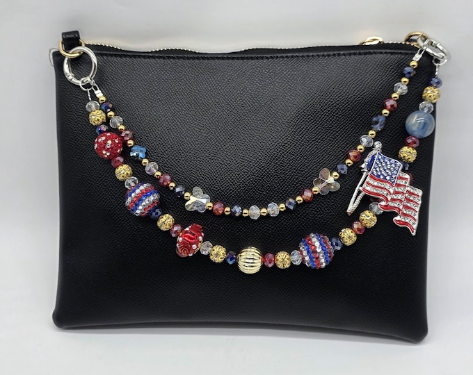 Handmade Patriotic Beaded Bag Chain Phone Chain Wristlet | Multi-Use Charm Strap