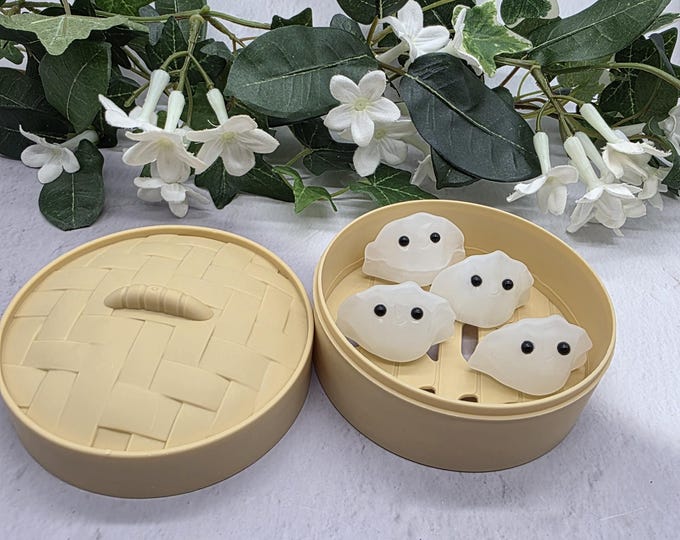 Clear Quartz Gemstone Dumpling Carvings with Display Steamer Basket