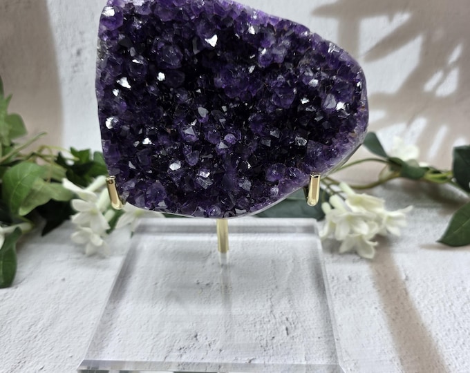 Uruguay Amethyst Cut Base Crystal Display, Purple Druzy Specimen with Acrylic Stand