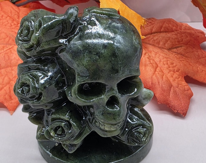 Polished Green Xiuyan Jade Skull with Roses, Gothic Floral Carving (2.32" Tall)