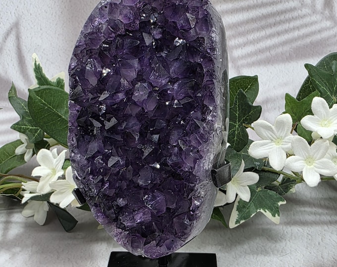 Natural Uruguay Amethyst Geode – Purple Crystal Cluster Display Specimen with Complimentary Stand