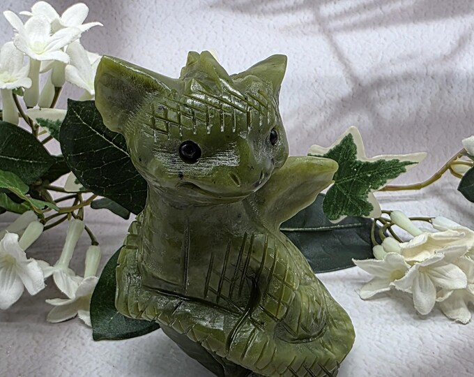 Xiuyan Jade Adorable Baby Dragon Figurine, Hand Carved, Good Luck Gemstone, Natural Gemstone, Unique Gift Giving Idea, Protection Stone