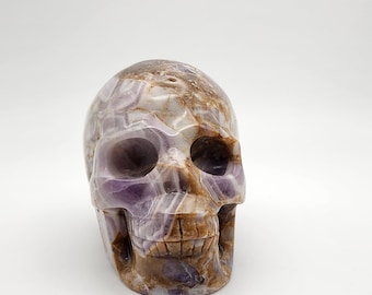 Hand Carved Amethyst Agate Skull: Healing Crystal Decor